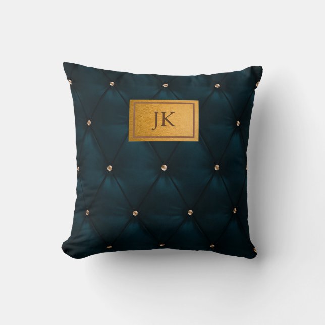 Elegantes grünes Leder, Diamanten, Monogramm Kissen (Vorderseite)