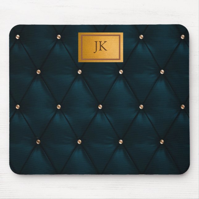 Elegantes grünes Leder, Diamanten, Monogramm Mousepad (Vorne)