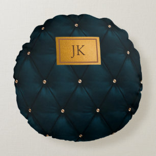 Elegantes grünes Leder, Diamanten, Monogramm Rundes Kissen