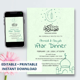 Elegantes grünes Minz-Halbmond-Moschee-Iftar-Dinne Einladung