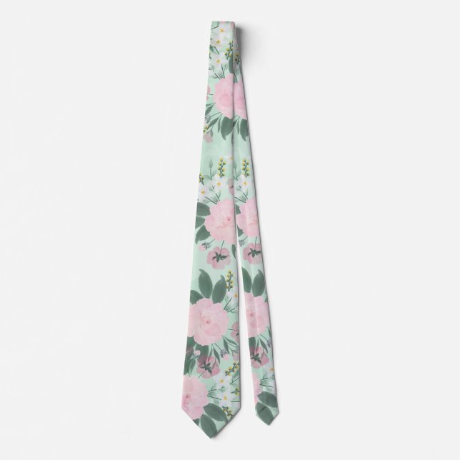 Elegantes grünes Pink, florales Aquarellbild Krawatte (Vorderseite)