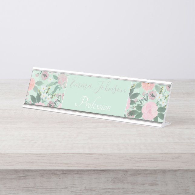 Elegantes grünes Pink, florales Aquarellbild Schreibtischnamensplakette (Vorderseite )