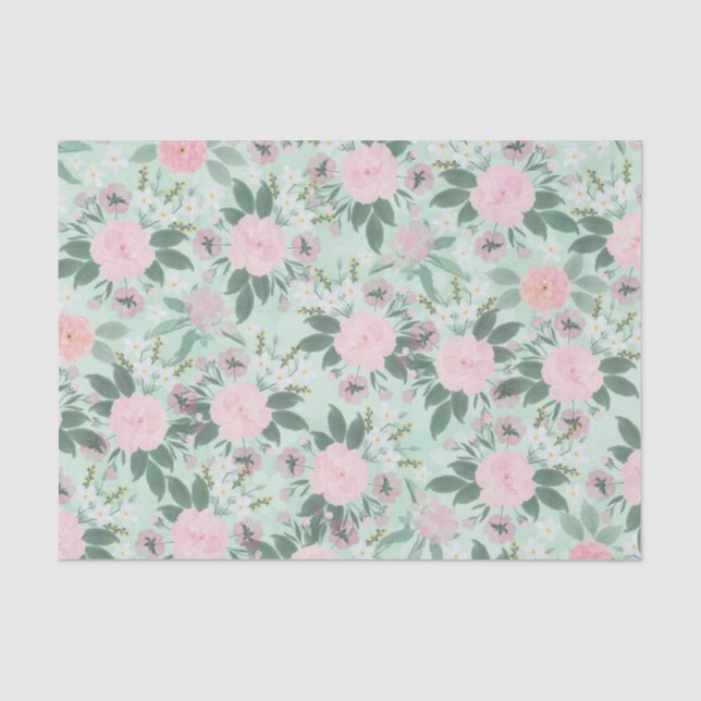 Elegantes grünes Pink, florales Aquarellbild Seidenpapier (Vorderseite)