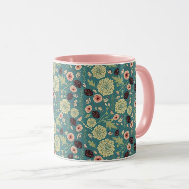 Elegantes grünes rosa Blumenmuster Tasse (VorderseiteRechts)