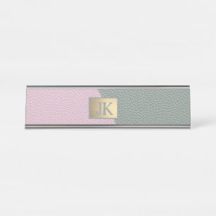 Elegantes grünes rosa Leder mit Monogramm   Schreibtischnamensplakette