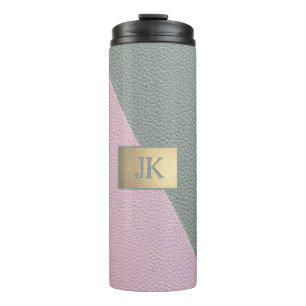 Elegantes grünes rosa Leder mit Monogramm   Thermosbecher