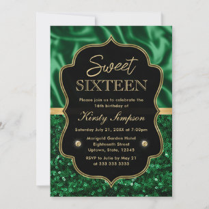 Elegantes grünes Satin & Glitter Goldrahmen Sweet Einladung