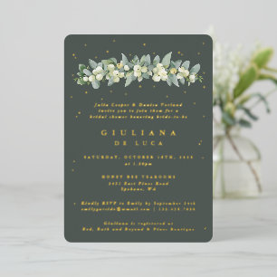 Elegantes grünes Snowberry+Eukalyptus-Brautparty Folieneinladung