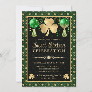 Elegantes grünes und goldenes Kleeblatt Sweet Sixt Einladung