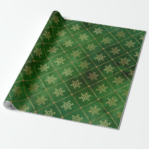 Elegantes, grünes und goldenes Schneeflockenmuste Geschenkpapier