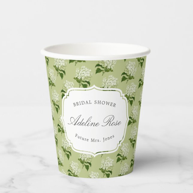 Elegantes grünes und weißes Hydrangea-Brautparty Pappbecher (Vorderseite)