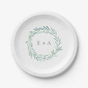 Elegantes Grünes Wasserfarben-Kränz-Monogramm Hoch Pappteller