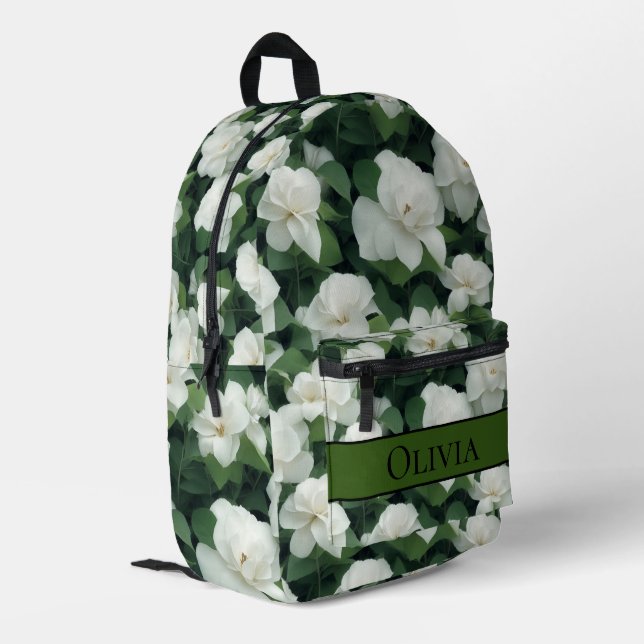 Elegantes grünes, weißes Blumenmuster personalisie Bedruckter Rucksack (Rückseitige Ecke links)