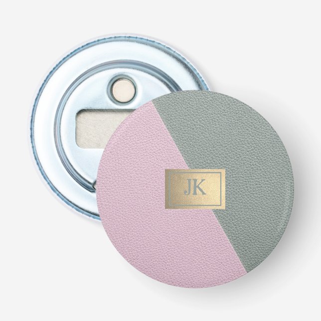 Elegantes Grünrosa Ledermonogramm Flaschenöffner (Vorderseite)