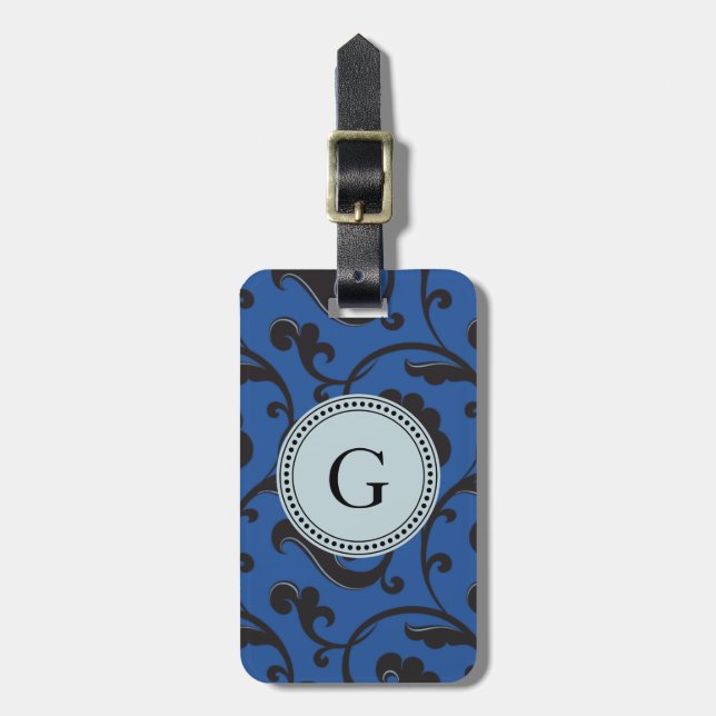 Elegantes gürtelblaues Blumenmuster Monogramm Gepäckanhänger (Vorderseite vertikal)