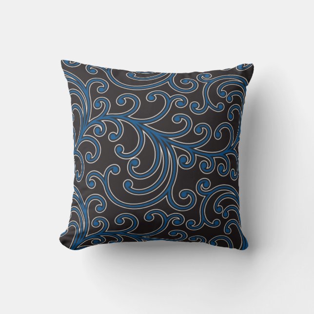 Elegantes gürtelblaues Blumenmuster Monogramm Kissen (Vorderseite)
