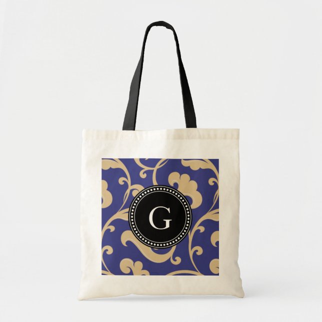 Elegantes gürtelblaues Blumenmuster Monogramm Tragetasche (Vorne)