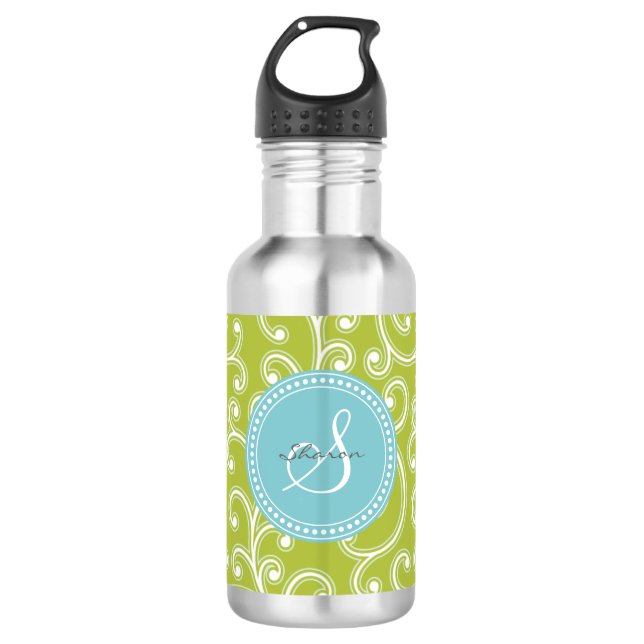 Elegantes gürtelgrünes Blumenmuster Monogramm Trinkflasche (Vorderseite)