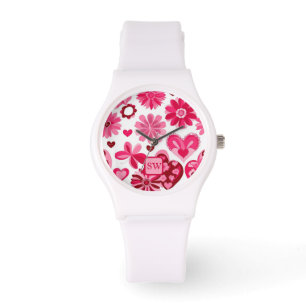 Elegantes gürtelrosa, blumenreiche Herzen, Monogra Armbanduhr