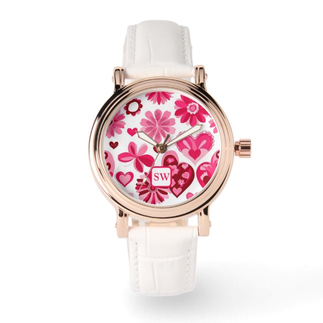 Elegantes gürtelrosa, blumenreiche Herzen, Monogra Armbanduhr (Vorderseite)