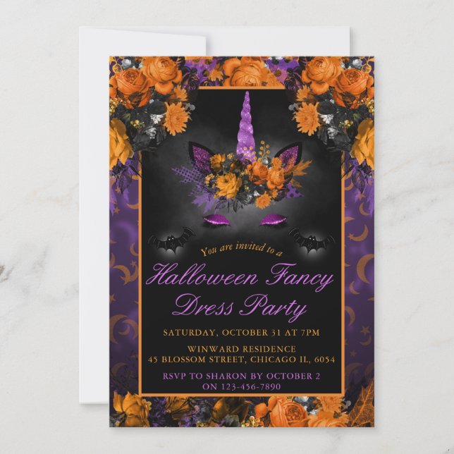 Elegantes Halloween-Blume Einhorn-Extravagantes Kl Einladung (Vorderseite)