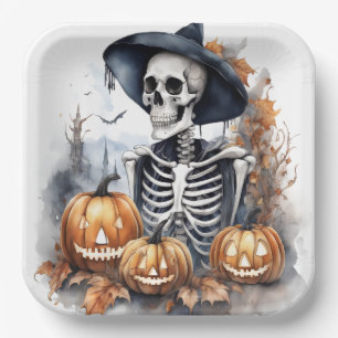 Elegantes Halloween-Wasserfarbenskelett Pappteller