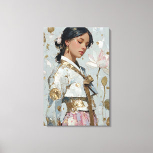 Elegantes Hanbok-Porträt mit Goldfolie und Lotus-L Leinwanddruck