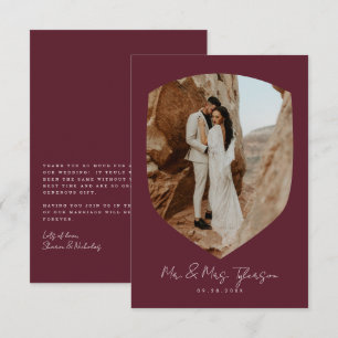 Elegantes handgeschriebenes Burgundy-Foto Hochzeit Dankeskarte