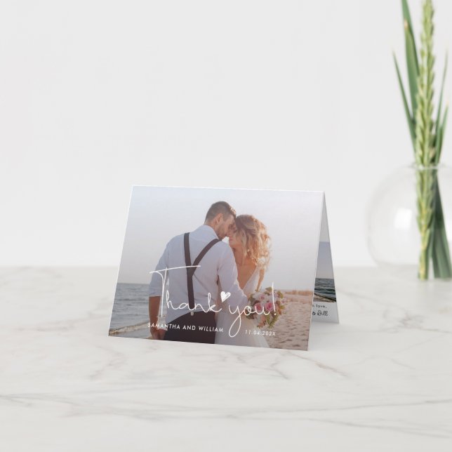 Elegantes handgeschriebenes Foto Hochzeit 2 Dankeskarte (Vorderseite)