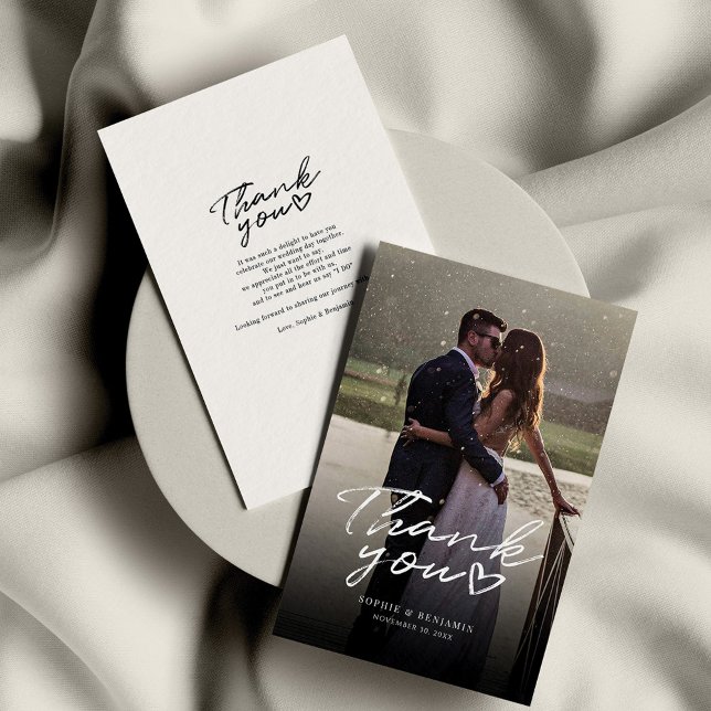 Elegantes handgeschriebenes Foto Hochzeit Vielen D Mitteilungskarte (Wedding Photo Script Handlettered Thank You Card)
