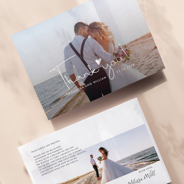 Elegantes handgeschriebenes Hochzeitssemble Foto V Mitteilungskarte (Wedding Day Photos Thank You Card Front and Back on Zazzle by Milestone Hub)