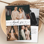 Elegantes handgeschriebenes Skript HochzeitsfotoCo Dankeskarte<br><div class="desc">Moderne, elegante, Wirble Hand Lettered Wedding Foto Collage Dankeschön Karte. Stilvolle Hochzeit dank Karte Vorlage mit drei (3) Foto auf der Vorderseite und ein (1) Foto auf der Rückseite. Mit dem Text "danke" in einer Wirblen kursiven Hand gezeichnet Typografie Skript-Schriftart in schwarz auf weißem Hintergrund. Personalisieren Sie den individuelle Name...</div>