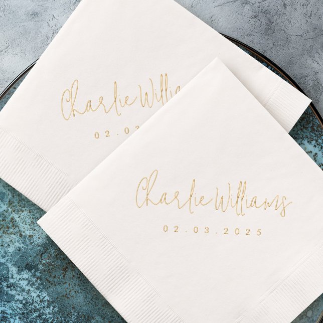 Elegantes handgeschriebenes Stildatum real Servietten Mit Folie (Elegant handwritten style name date real foil napkins)