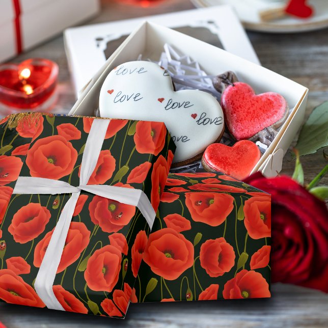 Elegantes, handgezeichnetes, grünes Blumenmuster Geschenkpapier (#redflowerswrapping #valentine #zazzlemade)