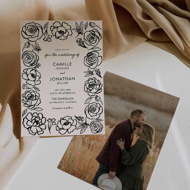 Elegantes, handgezogenes Foto für Hochzeitsfeiern Einladung (Whimsical Hand Drawn Wedding Invitation)
