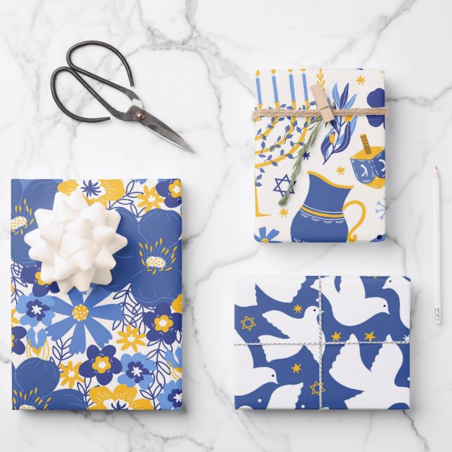 Elegantes Hanukkah Muster Gelb und Blau Geschenk Geschenkpapier Set (Vorderseite)