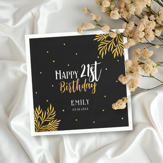 Elegantes Happy 21. Geburtstag Gold Foliage Party Serviette (Von Creator hochgeladen)