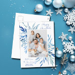 Elegantes Happy Hanukkah Blue Botanical Family Fot Feiertagspostkarte<br><div class="desc">Schöne,  blaue Aquarellfarben botanische Blätter entstehen aus Ihrem vertikalen jüdischen Familienfoto für eine Happy Hanukkah. Personalisieren Sie diese elegante Chanukah Foto Postkarte.</div>