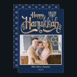 Elegantes Happy Hanukkah Navy Blue and Gold Foto Feiertagskarte<br><div class="desc">Elegante Happy Hanukkah Navy Blue and Gold Foto Holiday Card</div>