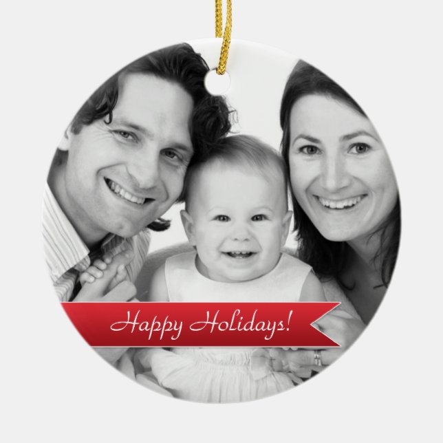 Elegantes Happy Holidays Red Ribbon Family Foto Keramikornament (Vorne)