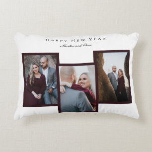 Elegantes Happy New Year Script 3 Foto Collage Red Dekokissen