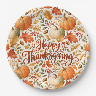 Elegantes Happy Thanksgiving Herbst Kürbis & Herbs Pappteller