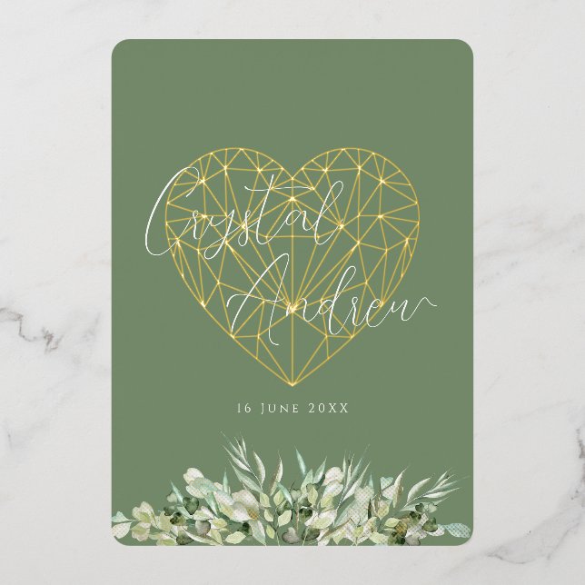 Elegantes Heart Sage Green Foliage feierliche Hoch Folieneinladung (Vorderseite)