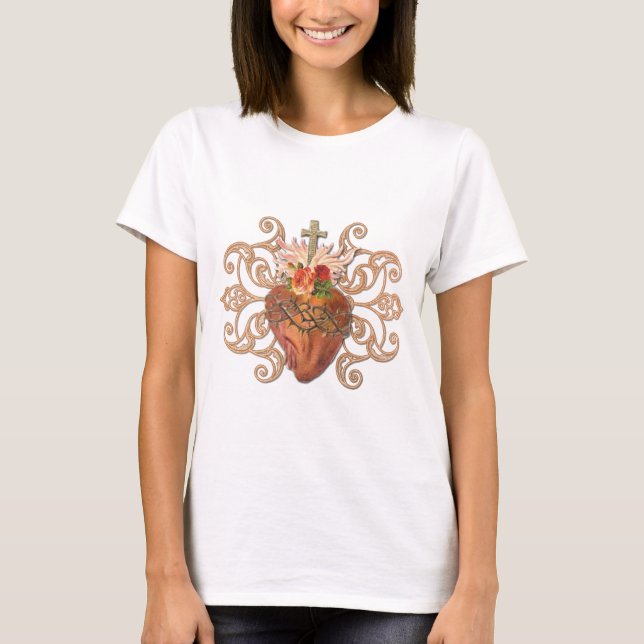 Elegantes Heiliges Herz Jesus katholisches Kreuz T-Shirt (Vorderseite)