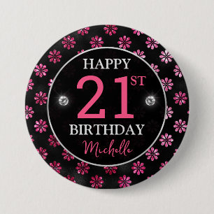 Elegantes heißrosa Glitter & schwarze Blumen Gebur Button