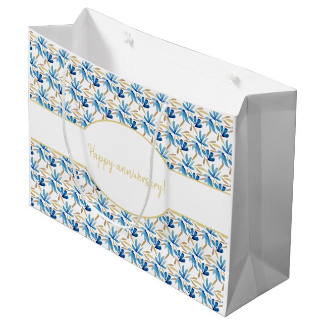 Elegantes helles blau-goldfarbenes Wasser Große Geschenktüte (Vorderseite Schrägansicht)