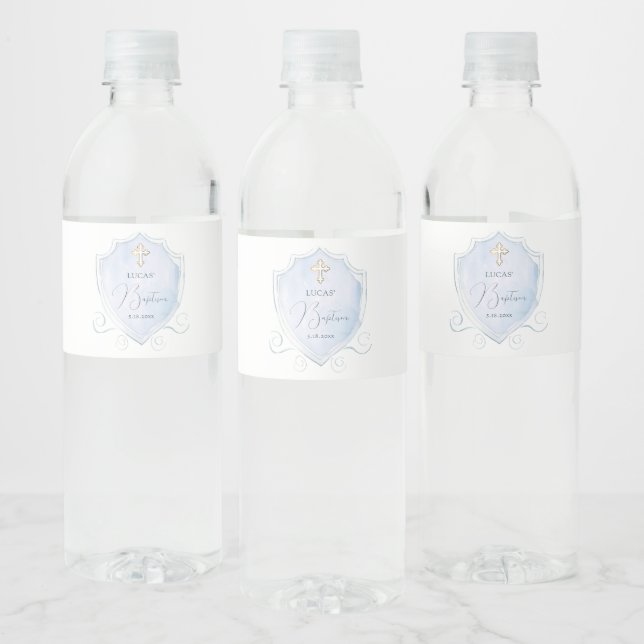 Elegantes helles blaues Wasserfarben Wappen Taufe (Flaschen)
