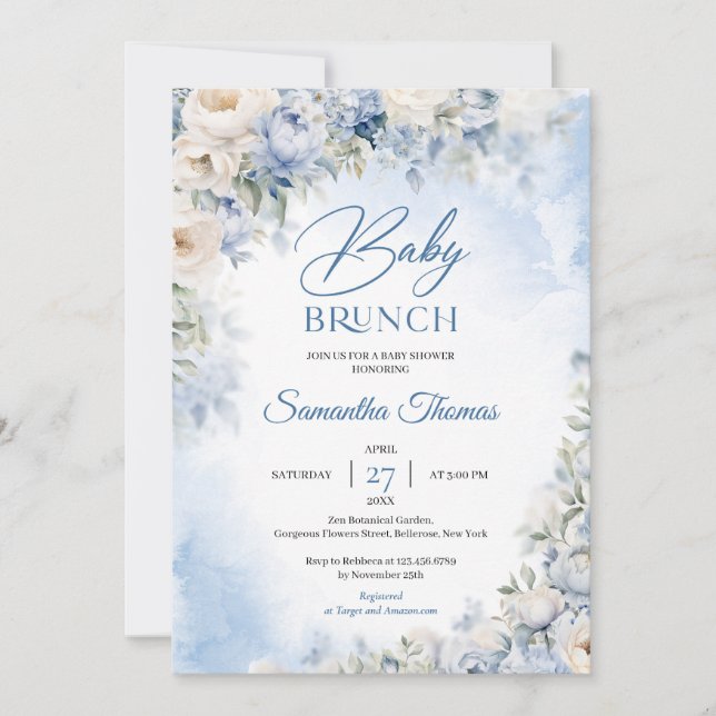 Elegantes helles Blue-White-Blume-Babybrunch Einladung (Vorderseite)