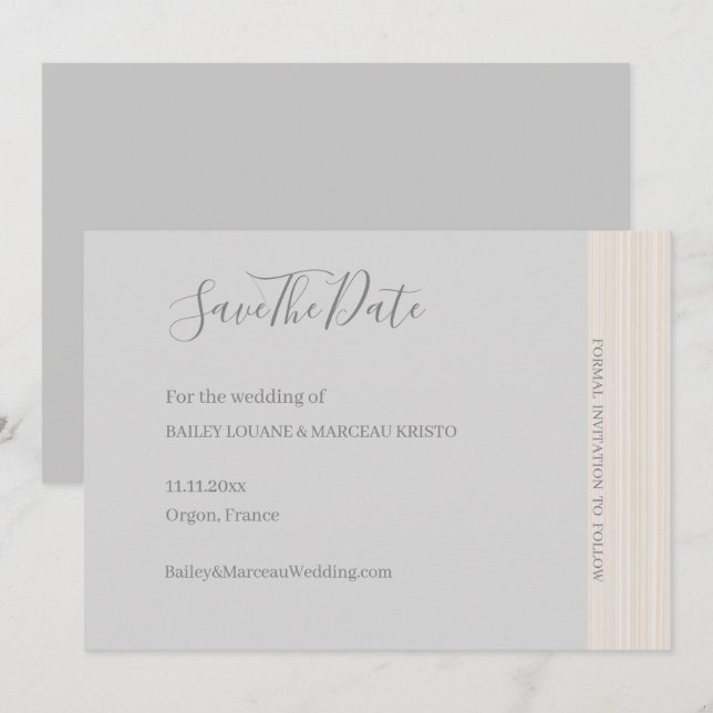 Elegantes hellgraues HolzGrain Save the Date Hochz Einladung (Vorne/Hinten)