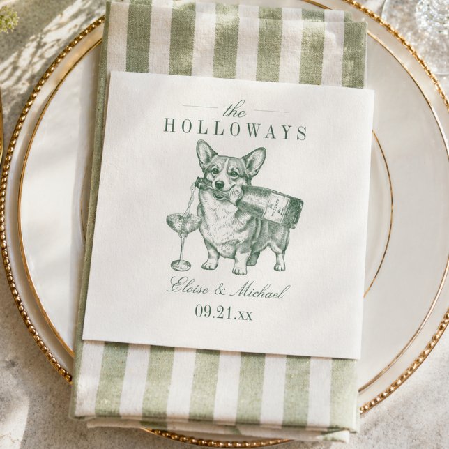 Elegantes Hellgrün Corgi Champagner Hochzeit Serviette (Preppy Sage Green Corgi Champagne Wedding Napkins)